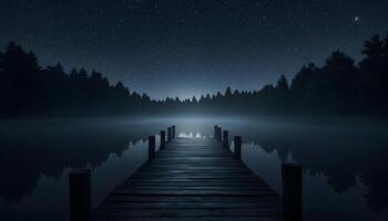 Wooden dock at night extending into calm lake surrounded by dense forest and starry sky photo