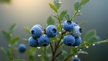 Ripe blueberries with water droplets hanging from bush with green leaves in fresh natural setting photo