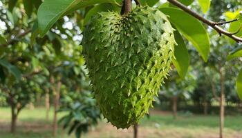 Ripe soursop hanging from tree with green spiky skin and lush leaves in tropical natural setting photo