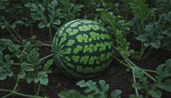 Ripe watermelon growing in field with green vines dark fertile soil and textured vibrant rind photo