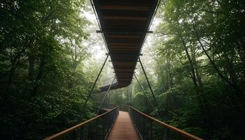 Elevated wooden walkway surrounded by dense green forest with misty atmosphere creating serene scenery photo