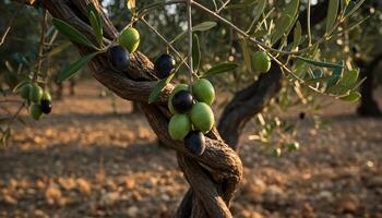 Green and black olives growing on tree branch with twisted trunk in natural Mediterranean setting photo