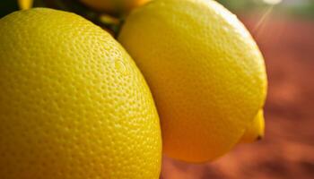 Bright yellow lemons hanging from branch illuminated by sunlight with textured skin and blurred background photo