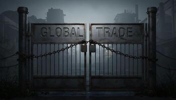 Rusted metal gate with global trade engraving chained and locked in industrial setting with foggy atmosphere photo
