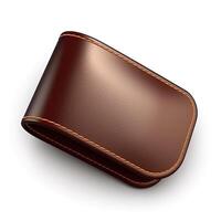 Closed brown leather wallet with orange stitching on white background. photo