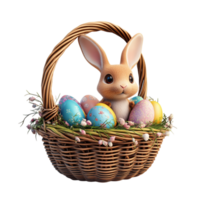 Easter Bunny with Pastel Colored Eggs in Decorative Basket Isolated on Transparent Background png