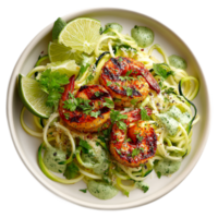 Grilled Shrimp with Zucchini Noodles and Lime Garnish on a White Plate png