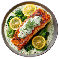 Grilled Salmon Fillet on Spinach with Lemon Slices and Dill Sauce Presentation png