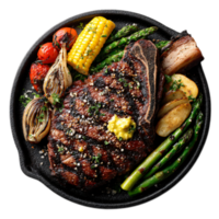 Grilled steak with vegetables on a sizzling plate, perfect for culinary presentation png