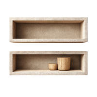 Modern Minimalist Wooden Shelves with Decorative Natural Containers and Neutral Background png