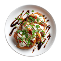 Deliciously Plated Chicken Cutlet with Mozzarella, Basil, and Balsamic Drizzle png