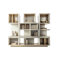 Modern Minimalist Bookshelf Design with Open Shelves and Decorative Objects png