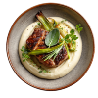 Seared Pork Chop with Creamy Mashed Potatoes and Fresh Herbs on a Rustic Plate png