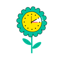Sunflower Clock Illustration Floral Timepiece, Whimsical Design Unique clock shaped like a sunflower. Transparent background. spring forward clock. png