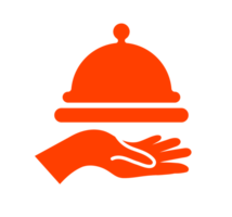 Hand Holding Covered Food Tray Illustration. Service Icon - Simple and vibrant illustration of a hand presenting a covered food tray. Transparent background. png