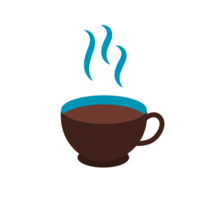 Steaming Coffee Cup on White Saucer. Simple Drink Icon - Clean and basic illustration of a brown coffee cup with blue rim and steaming vapor on a white saucer. Transparent background. png