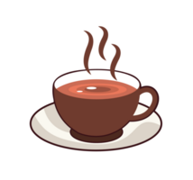 Steaming Coffee Cup on Saucer Illustration. Simple Drink Icon - Clean and basic illustration of a brown coffee cup with steaming vapor on a white saucer. Transparent background. png