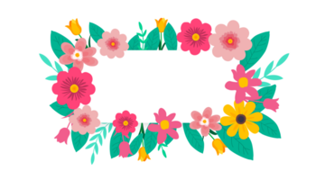 Colorful Floral Rectangular Frame Vibrant Flowers and Leaves - Cheerful rectangular frame adorned with various colorful flowers and leaves. Transparent background. png