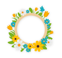 Floral Circle Frame Illustration. Colorful Flowers, Decorative Cheerful circular frame adorned with various colorful flowers and leaves. Transparent background. flower circle background png