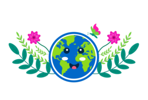 Happy Earth with Flowers and Butterfly Illustration Blooming Planet, Nature - Cheerful Earth Day or environmental theme. Transparent background. png