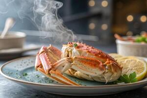 Steamed crab leg served on a plate with lemon slices and garnishes in a cozy restaurant setting photo