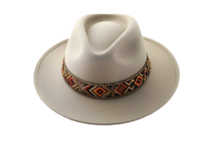 Stylish, off-white hat with a patterned band sits centered on a transparent background, softly lit png