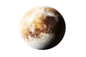 Planetary view a spherical, mottled planet with brown, gold, and pale white features against a stark transparent background png