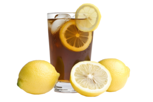 Refreshing drink iced tea in a glass with lemon slices, plus three whole lemons, on transparent background png