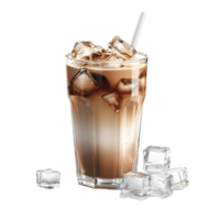 Refreshing iced coffee in a tall glass with ice cubes and a straw, isolated on a transparent background png