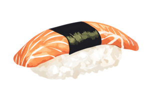 Nigiri close-up salmon slice on rice, seaweed strip. Delicious and fresh. Simple, artistic rendering on transparent background background png
