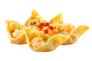 Shrimp dumplings in crisp wonton wrappers with spicy sauce and green garnish png