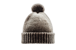 Knitted hat. A warm, textured winter beanie with a pom-pom on top, isolated against a transparent background png