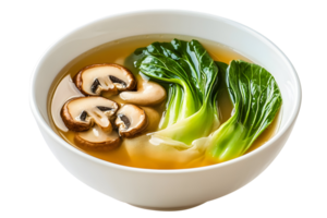 Steaming broth features mushrooms, and bok choy in a white bowl, creating an appetizing Asian-inspired dish png