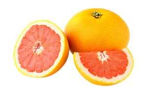 Toranja 1 todo, 1 metade, e uma segmento do Toranja com Rosa carne sentar em uma transparente fundo png