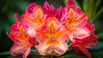 Vibrant rhododendron flowers showcasing an array of pink and orange hues in a close-up view. photo
