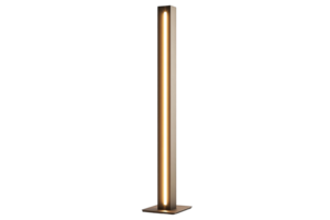 Minimalist floor lamp vertical, brown, modern. Warm light illuminates a dark space creating a simple, elegant design png