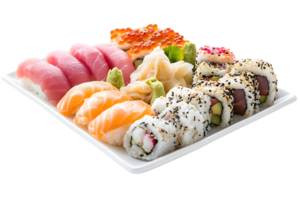 Sushi array with tuna, salmon, tobiko, and rolls on a white plate. Fresh colors and textures of Asian cuisine png