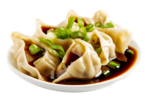 Dumplings in sauce with chopped scallions served in a white bowl on a transparent background png