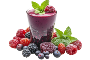Berry smoothie in glass, garnished with mint, surrounded by raspberries, blackberries, and blueberries, against a transparent background png