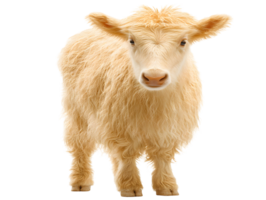 Young, fluffy, cream-colored calf stands, facing forward. Its light fur covers the entire body, with small ears png