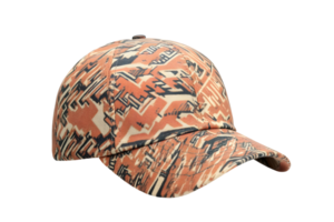 A stylish cap with abstract patterns in beige, black, and orange, isolated on a transparent background png