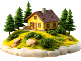 Quaint yellow house on a small green hill with pine trees, rocks, and moss against a transparent background png