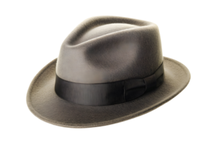 Classic fedora hat. Features a gray color with a dark hatband. Isolated on a solid transparent background png