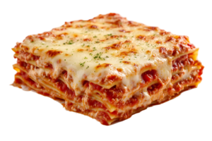 A square slice of lasagna with layers of pasta, tomato sauce, meat, and melted cheese png