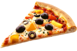 Slice of pizza topped with peppers, olives, and sauce on a crispy crust. Cheesy and appetizing look png