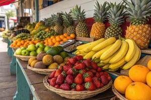 Colorful tropical fruits displayed in a vibrant market setting under bright sunlight photo