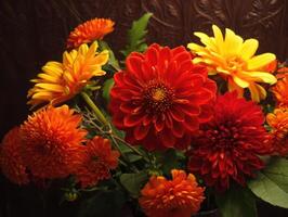 A stunning display of vibrant red, orange, and yellow dahlias bursting with color and life. photo