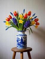 A charming display of spring blooms, a colorful bouquet in an elegant vase on a wooden stool. photo