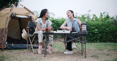 Handheld low angle view shot, Two Asian women sit together in a garden, happily chatting while enjoying snacks and drinks, surrounded by a cozy camping vibe. video