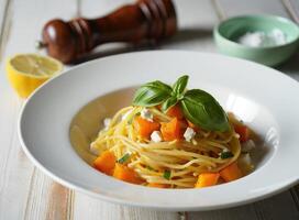 Delicious spaghetti with butternut squash and fresh basil on a wooden table photo